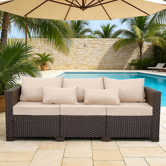 Outdoor Furniture Couch 3 Seater Sofa Outdoor Brown Wicker Sofa Deep Seat High Backrest Patio Couch with Non-Slip Cushions Waterproof Cover, Khaki