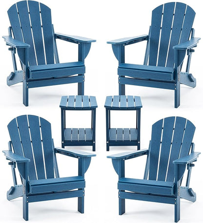 Folding Adirondack Chair Set with Side Table - HDPE Outdoor Patio Chairs, Weatherproof Chair with Reclining Back, Cup & Phone Holder, and 2-Tier Storage End Table for Firepit or Garden (Blue)