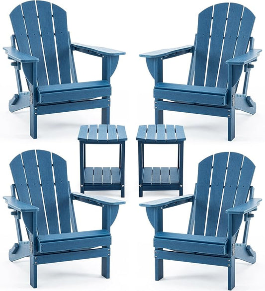 Folding Adirondack Chair Set with Side Table - HDPE Outdoor Patio Chairs, Weatherproof Chair with Reclining Back, Cup & Phone Holder, and 2-Tier Storage End Table for Firepit or Garden (Blue)