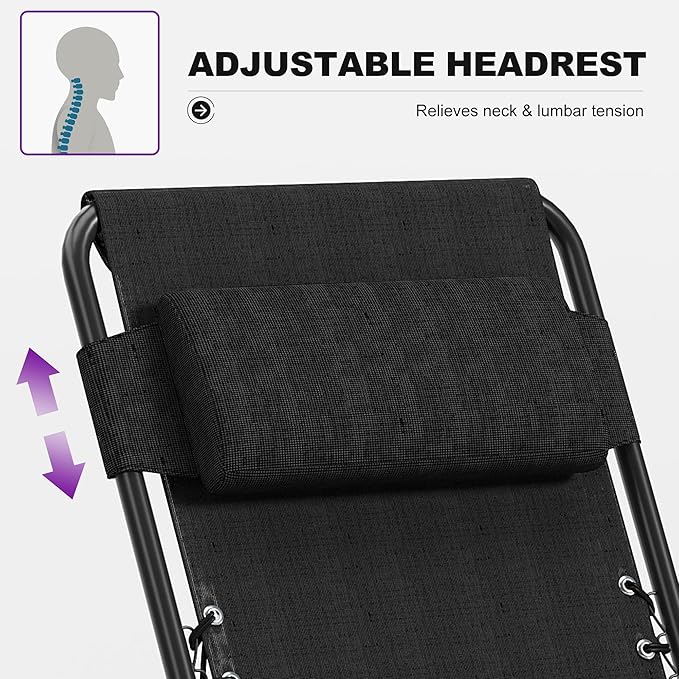 PURPLE LEAF Outdoor Reclining Chair Patio Zero Gravity Chaise Lounge Folding Chair with Removable Cushion Adjustable Headrest for Lawn Camping Beach Pool Black
