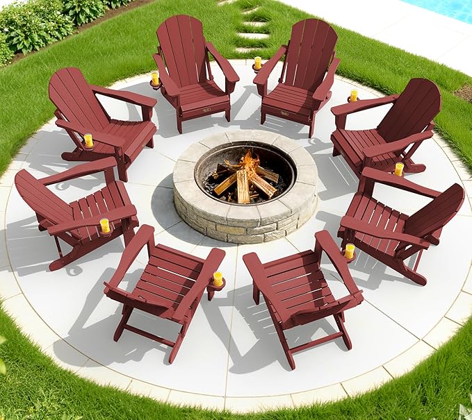 SERWALL Folding Adirondack Chair Set of 8, Weather Resistant Patio Chair with Cup Holder Weather Resistant Fire Pit Chair for Patio -Red