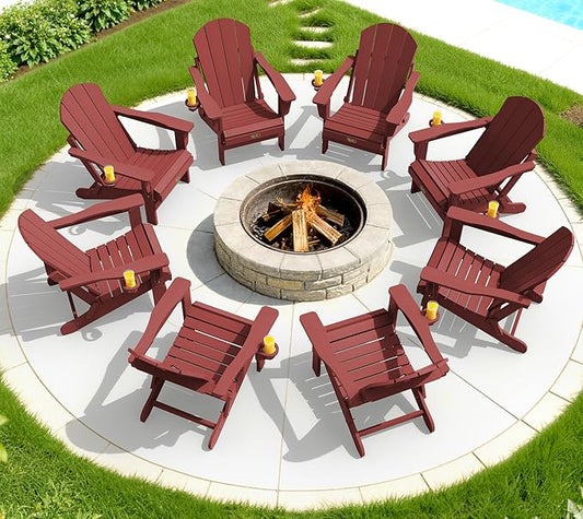 SERWALL Folding Adirondack Chair Set of 8, Weather Resistant Patio Chair with Cup Holder Weather Resistant Fire Pit Chair for Patio -Red