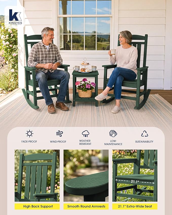 KINGYES HDPE Outdoor Rocking Chair Set of 4, All-Weather Patio Rocking Chair, Weather Resistant Porch Rocker for Adults, Dark Green