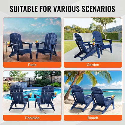 VEVOR Folding Adirondack Chairs Set of 2 with Cup Holder, All-Weather Portable Plastic Fire Pit Chair, Outdoor Adirondack Patio Chair, with Relaxing Arm Rest Ergonomic, for Garden, Backyard, Navy Blue
