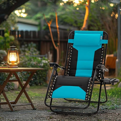MAISON ARTS Oversized Zero Gravity Chairs Set of 2, Folding Padded Recliner Anti Gravity Lounge Chair with 28" Wide Seat and Cup Holder, Support 400lbs, Aqua