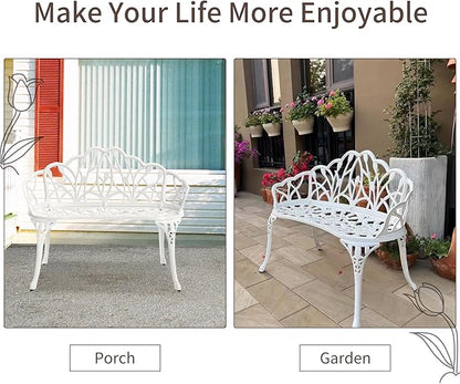 HOMEFUN Outdoor Bench, Patio Garden Benches Metal Loveseat Cast-Aluminum Outside Furniture for Park Lawn Front Porch White