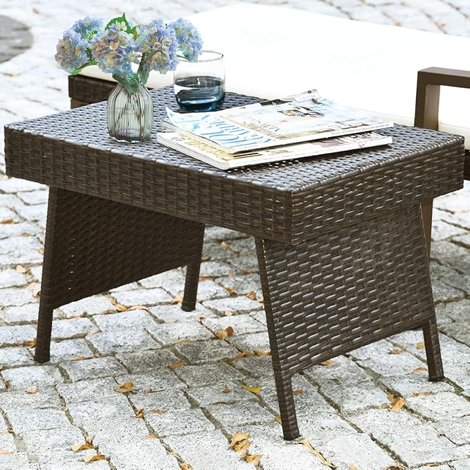 Tangkula Outdoor Folding Wicker Table, Heavy Duty Rattan Foldable Standing Coffee Side Table, for Patio Poolside Lawn Garden Balcony