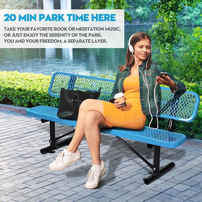 6FT/72INCH Heavy Duty Metal Park Bench for Outside, Outdoor Garden Benches with Backrest & Portable Frame, Expanded Metal Mesh Bench for Shopping Malls, Lawn, Park, Deck, Patio, Porch, Blue