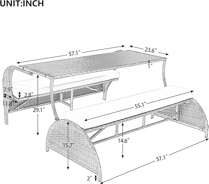 2-in-1 Convertible Picnic Upholstered Bench,57.1" Outdoor Loveseat,Portable Picnic Table Couch,Convertible to 4 Seats&1 Table,for Garden,Lawn,Backyard,Porch,Patio, Blue