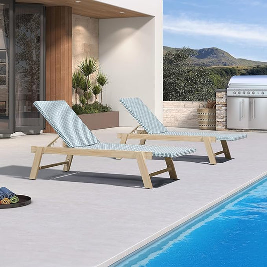 PURPLE LEAF Extra Large Patio Chaise Lounge 2 Pieces French Outdoor Wicker Lounger Matte White Aluminum Frame 771LBS Capacity PE Rattan Adjustable Backrest for Pool Garden Beach Backyard Light Blue