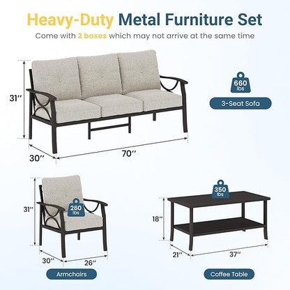 RoyalCraft Outdoor Patio Furniture Set, 5 Seats Outdoor Patio Set with 4" Thick Cushion, All-Weather Metal Patio Sofa with Coffee Table, Outdoor Sectional Furniture for Porch Backyard, Khaki&Beige