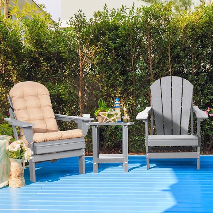 Oversized Adirondack Chair with Cushion & Cup Holder, HDPE Weather Resistant Folding Adirondack Chair for Adults, Outdoor Fire Pit Chairs for Patio/Porch/Swimming Pool/Garden (1, Grey)
