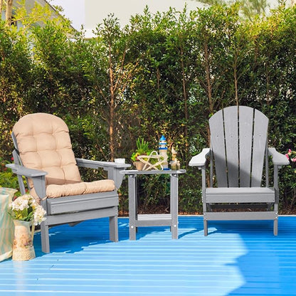 Oversized Adirondack Chair with Cushion & Cup Holder, HDPE Weather Resistant Folding Adirondack Chair for Adults, Outdoor Fire Pit Chairs for Patio/Porch/Swimming Pool/Garden (1, Grey)