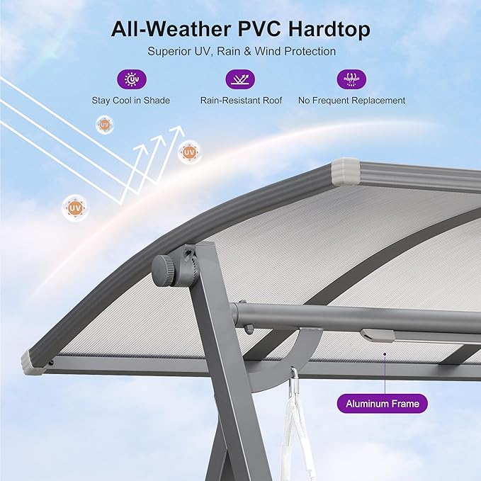 PURPLE LEAF Porch Swing 2 Person Patio Swing Chair with PVC Canopy Outdoor Deluxe Modern Yard Hammock Swinging Chairs w/Solar LED Light and Cushions for Backyard Glider Outside Loveseat Bench