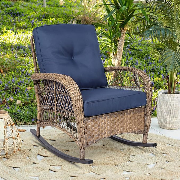 Outdoor Wicker Rocking Chair with Thickened Cushions, All-Weather Rattan Patio Rocking Chairs - Photo 1