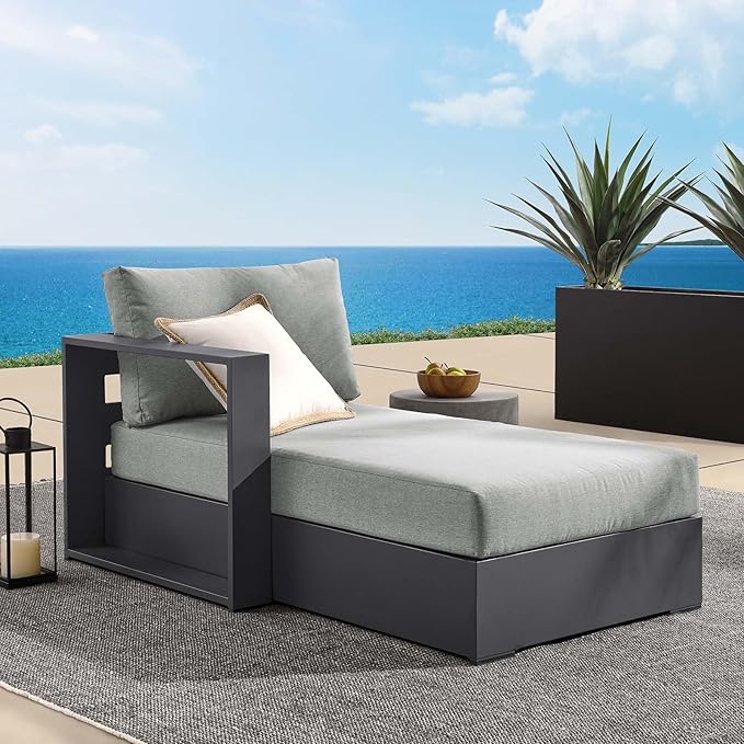 Modway Tahoe Aluminum Outdoor Chaise Lounge Gray with Weather-Resistant Cushions, Modular Left-Facing Patio Lounger for Pool Furniture or Sectional Sofa Set