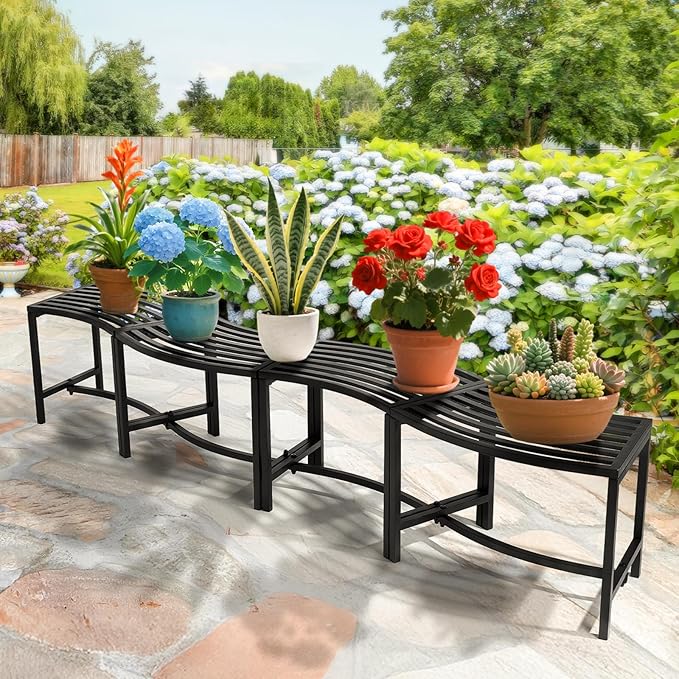 VINGLI Outdoor Metal Curved Bench, Weatherproof Fire Pit Bench Set of 4, Heavy Duty Steel Backless Benches - Photo 8