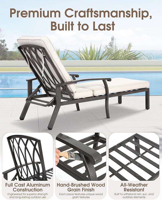 HOMEFUN Outdoor Chaise Lounge Chair, Hand-Brushed Wood Grain Cast Aluminum Reclining Lounger with Cushion - Photo 4