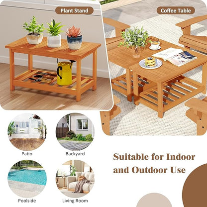 RELAX4LIFE 2-Tier Outdoor Coffee Table - Acacia Wood Rectangular Patio Center Table w/Slatted Tabletop & Storage Shelf, Indoor Outside Wooden Furniture for Living Room Backyard Deck Balcony, Natural