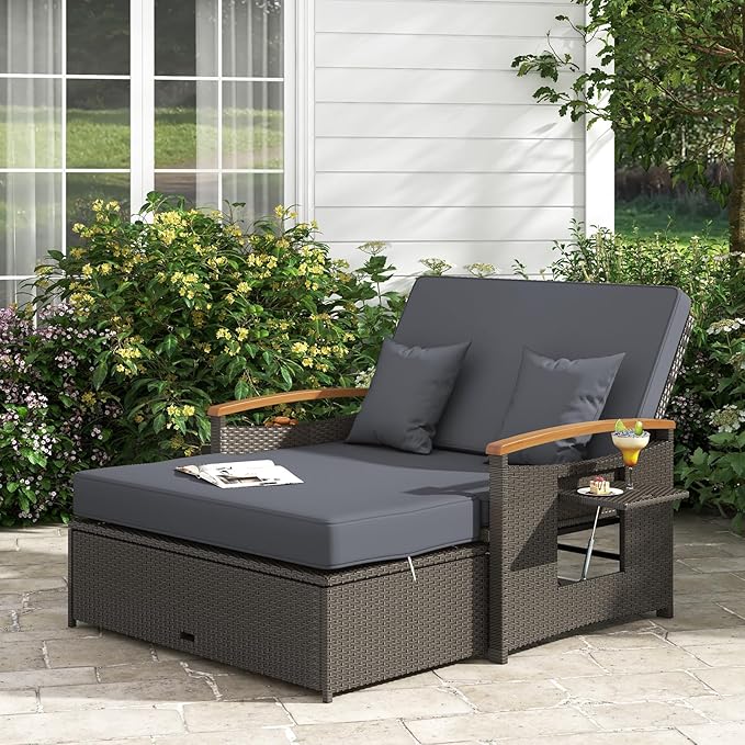 LDAILY Moccha Outdoor Wicker Daybed, Patio Rattan Loveseat Sofa w/ 4-Level Adjustable Backrest, Folding Panels, Storage Ottoman & Cushions, Lounge Furniture Set for Poolside Backyard Porch (Grey)