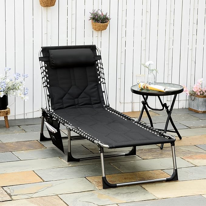 Outsunny Padded Folding Chaise Lounge Chair, Outdoor 6-Level Reclining Camping Tanning Chair with Headrest for Beach, Yard, Patio, Pool, Black