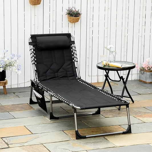 Outsunny Padded Folding Chaise Lounge Chair, Outdoor 6-Level Reclining Camping Tanning Chair with Headrest for Beach, Yard, Patio, Pool, Black
