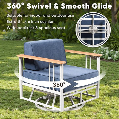 Patio Furniture Set of 7,with 6-inch Thick Cushion Outdoor Furniture Set,Patio Chair Set with Sofa,Wood Grain armrests,trapezoidal backrest,Indoor/Outdoor Balcony Seating,White | Blue