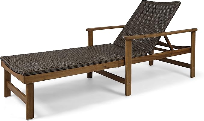 Great Deal Furniture Kyle Outdoor Rustic Acacia Wood Chaise Lounge with Wicker Seating, Natural and Mixed Mocha - Photo 1