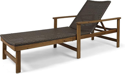 Great Deal Furniture Kyle Outdoor Rustic Acacia Wood Chaise Lounge with Wicker Seating, Natural and Mixed Mocha