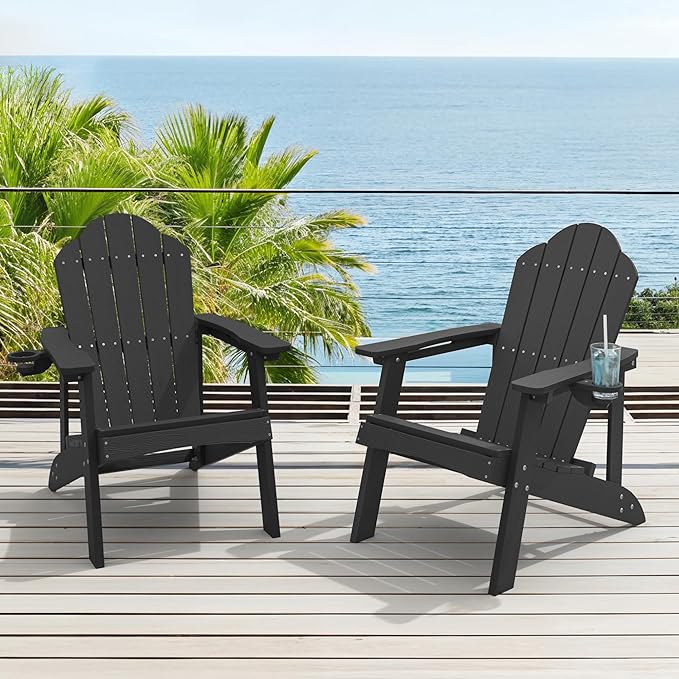 HDPE Adirondack Chairs Set of 2, Weather Resistant Outdoor Seating with Hidden Cup Holder for Porch, Patio, Deck & Fire Pit, Black