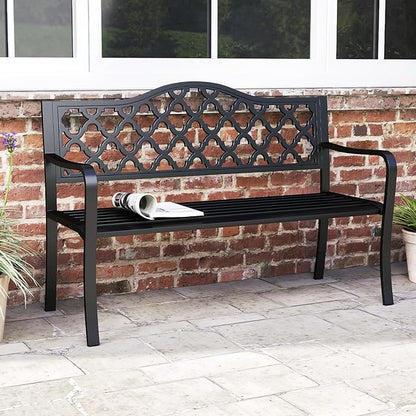 Tangkula 50.5” Metal Outdoor Park Bench, Slatted Patio Garden Bench for 2-3 People, Park-Style Loveseat with Curved Armrests, Heavy-Duty Outdoor Seating for Backyard, Lawn, Porch