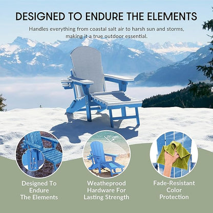 WestinTrends Malibu Folding Adjustable Adirondack Chair with Retractable Ottoman and Cup Holder, Pacific Blue