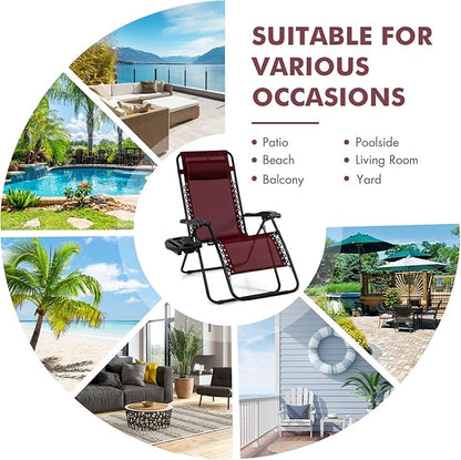 Giantex 2 PCS Zero Gravity Chair, Outdoor Chaise Lounge with Cup Holder, Patio Folding Chairs Recliner for Yard Pool Lawn Balcony, Burgundy