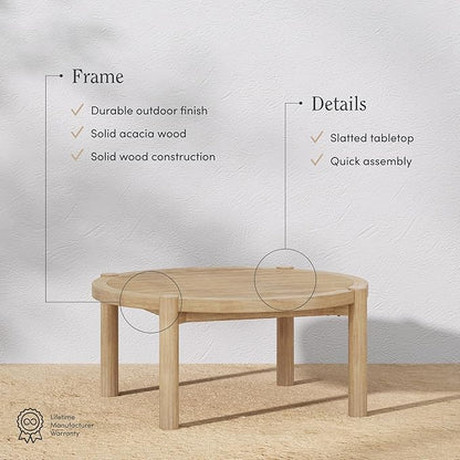 Nathan James Bora Round Outdoor Coffee Table, Farmhouse Wood Coffee Table for Patio or Porch, Solid Acacia Wood
