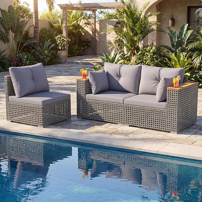 Tangkula 86.5" Large 3-Seat Patio Wicker Sofa, 3 Pieces PE Rattan Sectional Furniture Set with Cup Holders & Wood Armrest, Outdoor Couch Set with Armless & 2 Corner Sofas for Garden, Yard, Porch, Grey