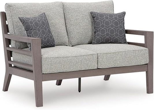 Signature Design by Ashley Hillside Barn Contemporary Nuvella Weather Resistant Fabric Outdoor Loveseat with Cushion and 2 Throw Pillows, Light Brown & Light Gray