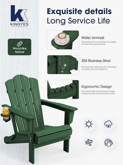 KINGYES Folding Adirondack Chair, HDPE All-Weather Patio Chairs, Wooden Textured Lawn Chair for Poolside, Backyard, Deck, Fire Pit, Green