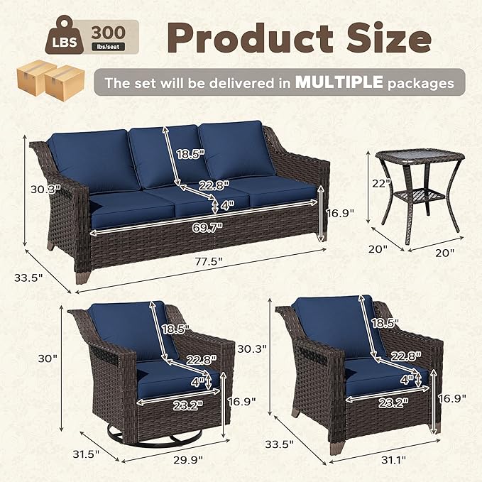 6 Pieces Patio Conversation Furniture Set - 1 Sofa, 2 Swivel Chairs, 2 Armchairs, 1 Side Table - Photo 2