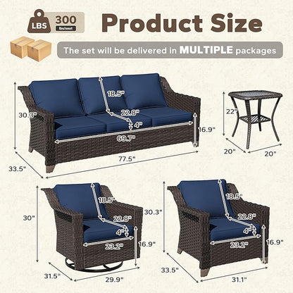 6 Pieces Patio Conversation Furniture Set - 1 Sofa, 2 Swivel Chairs, 2 Armchairs, 1 Side Table, Outdoor Wicker Furniture with Removable Cushions for Porch, Balcony, Sunroom (Blue)