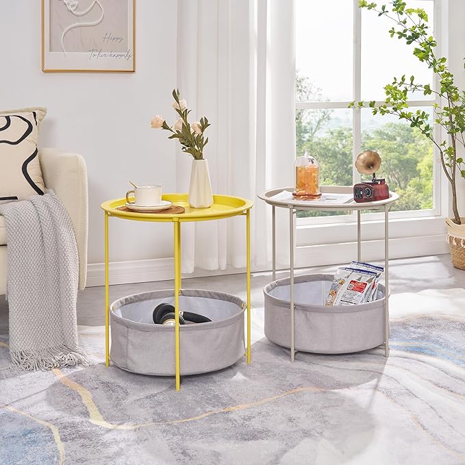 VECELO Round Side/End Table with Fabric Storage Basket，Metal Anti-Rust and Waterproof Small Bedside Nightstand with - Photo 7