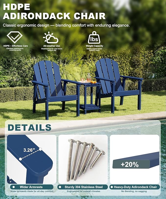 Adirondack Chair Set of 2, All Weather HDPE Fire Pit Chairs, Oversized Plastic Adirondack Chair for Outdoor, Balcony - Photo 3