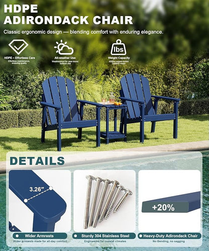 Adirondack Chair Set of 2, All Weather HDPE Fire Pit Chairs, Oversized Plastic Adirondack Chair for Outdoor, Balcony, Deck, Backyard, Patio, Garden, Poolside, Lawn Navy Blue