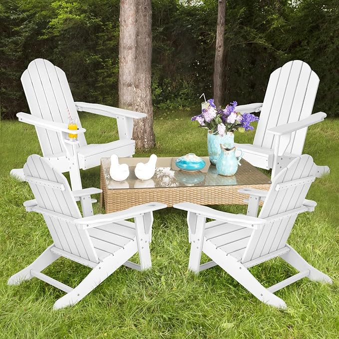 Tangkula Adirondack Chair Outdoor, Fade Resistant HDPE Armchairs with Cup Holder, Weather Resistant Lounger Chairs for Patio Garden Backyard Deck, Lawn Porch Seating, Adirondack Lounger (1, White)