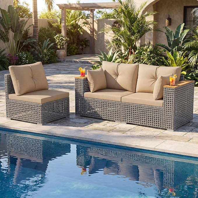 Tangkula 86.5" Large 3-Seat Patio Wicker Sofa, 3 Pieces PE Rattan Sectional Furniture Set with Cup Holder & Wood Armrest, Outdoor Couch Set with Armless & 2 Corner Sofas for Garden, Yard, Porch, Brown