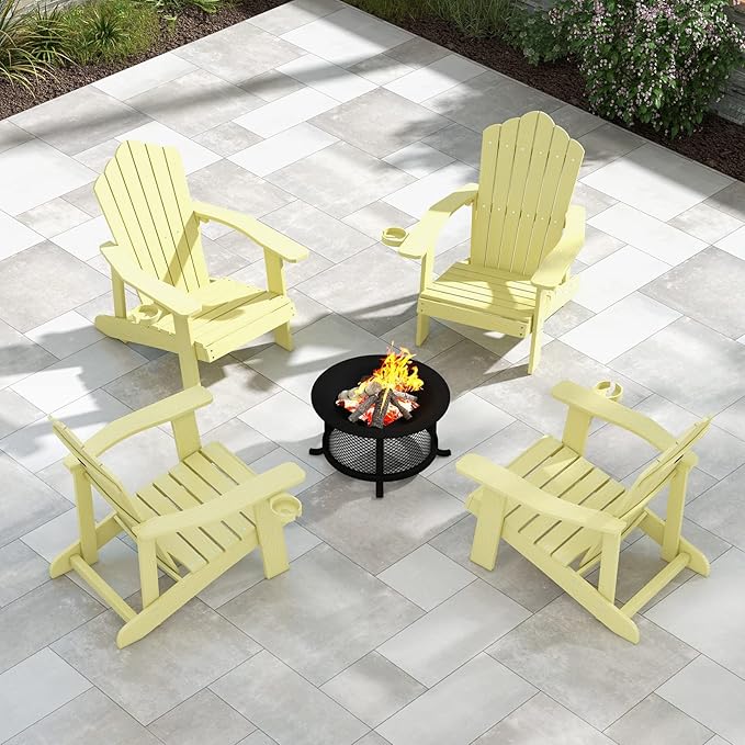 Tangkula Oversized Adirondack Chair, Patio Lounge Chairs w/Adjustable Cup Holder, HIPS Armchairs Slatted Chair, Outdoor Weather Resistant Fire Pit Chair for Deck Backyard Garden Porch (4, Yellow)