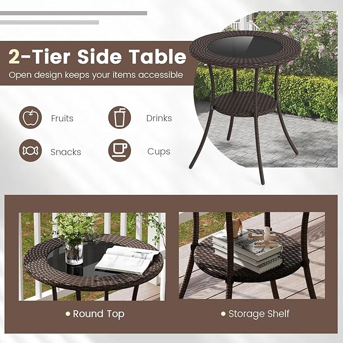 Giantex Round Rattan Wicker Outdoor Coffee Table Glass Top Steel Frame Patio Furniture W/Lower Shelf (Round)