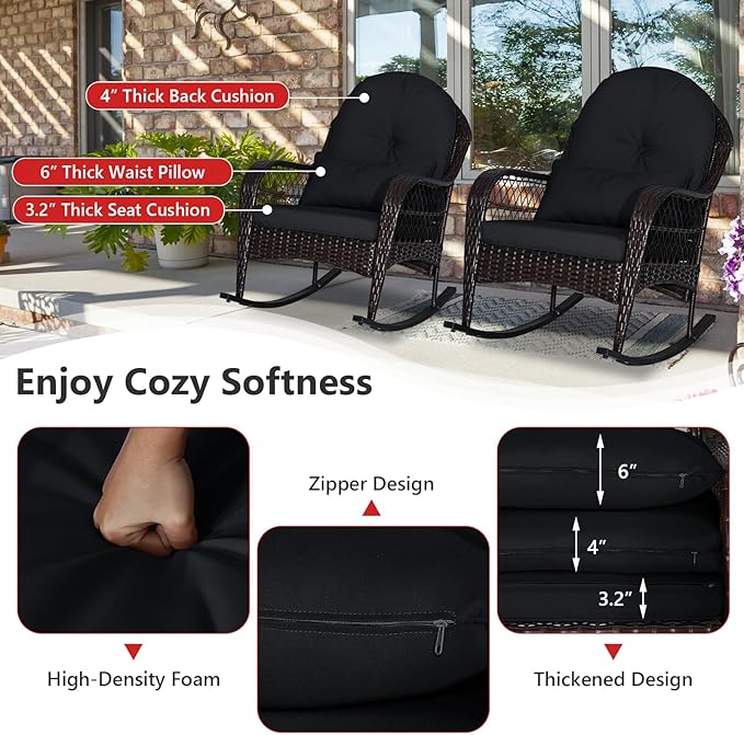 ORALNER Wicker Patio Rocking Chair, Outdoor PE Rattan Rocker with Seat and Back Cushion, Waist Pillow, Armrests, Garden Chair for Porch, Backyard, Poolside, Deck (1, Black)