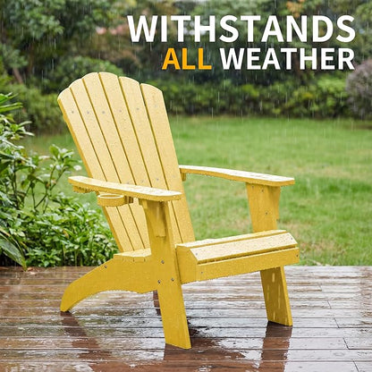 Psilvam Adirondack Chair, Oversized Poly Lumber Fire Pit Chair with Cup Holder, 350Lbs Support Patio Chairs for Garden, Weather Resistant Adirondack Chair Looks Like Real Wood (4, Yellow)