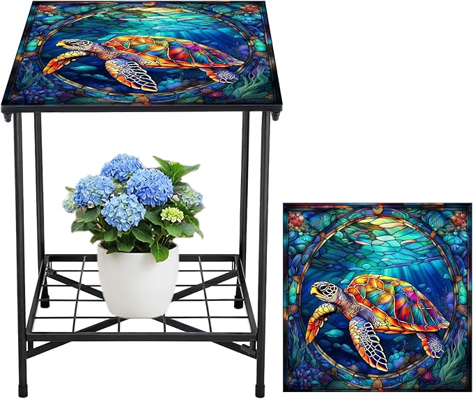 Outdoor Side Table 2-Tier Storage Square Small Mosaic Patio Accent Indoor End Plant Coffee Tea Table for Yard Patio Porch Garden Living Room, Bedroom(Turtle Style)