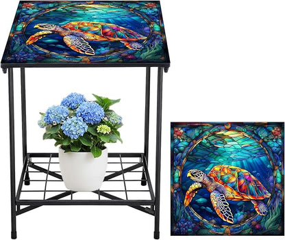 Outdoor Side Table 2-Tier Storage Square Small Mosaic Patio Accent Indoor End Plant Coffee Tea Table for Yard Patio Porch Garden Living Room, Bedroom(Turtle Style)